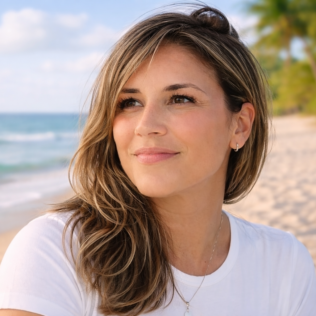 smiling woman on the beach at sunset
